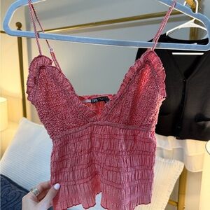 ZARA Pink Smocked Ruffle-Trim Camisole